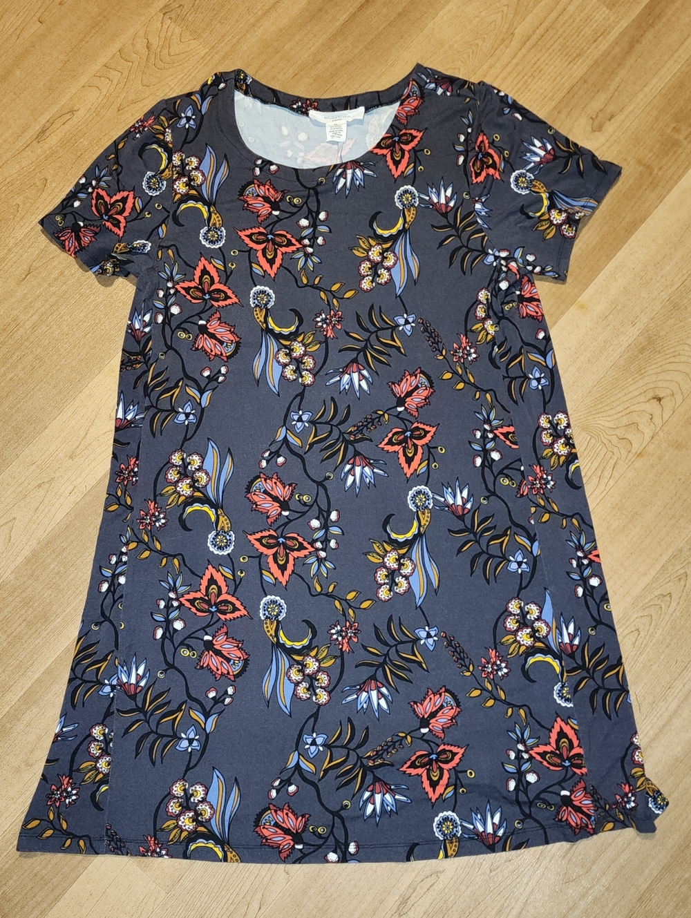 Workshop Republic Clothing Gray Floral Swing Dress with Red & Yellow Accents